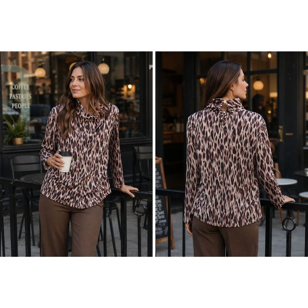 Nicole Miller Women’s L Semi-Sheer Leopard Print Blouse Cowl Neck Stretch NWT